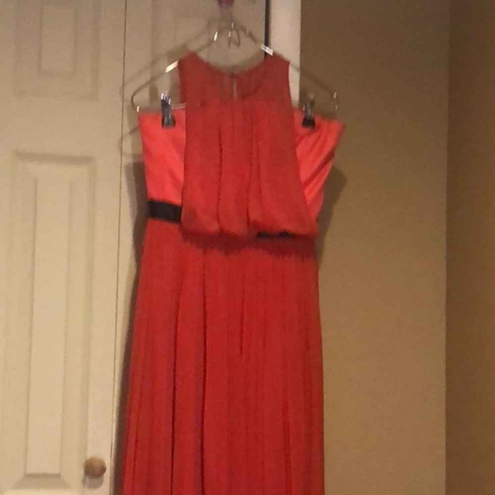 ABS coral Sheer Gown with Pleated Skirt - Picture 3 of 6